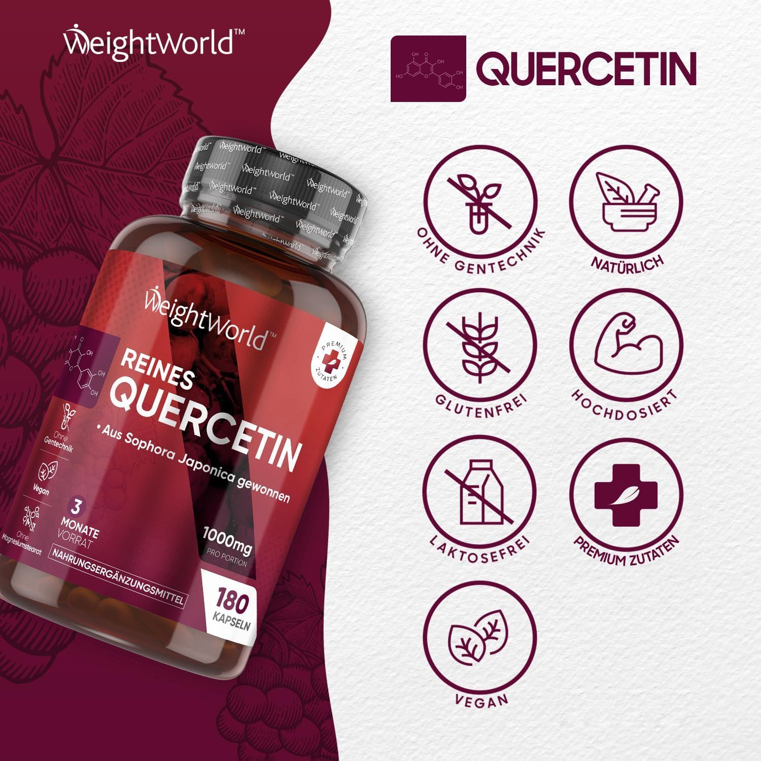 Flacone marrone con capsule. Icone: senza OGM, naturale, senza glutine, ad alta dose, senza lattosio, vegano, ingredienti premium.