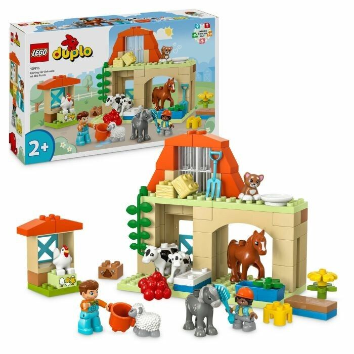 Set LEGO Duplo. Giocattolo fattoria con personaggi e animali. Confezione con nome del prodotto e età consigliata 2+. Edifici e animali.