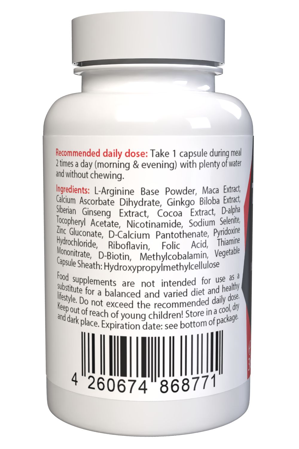 Retro di un flacone bianco. Testo: Dose giornaliera raccomandata, ingredienti, codice a barre, avvertenze. Etichetta con accento rosso.