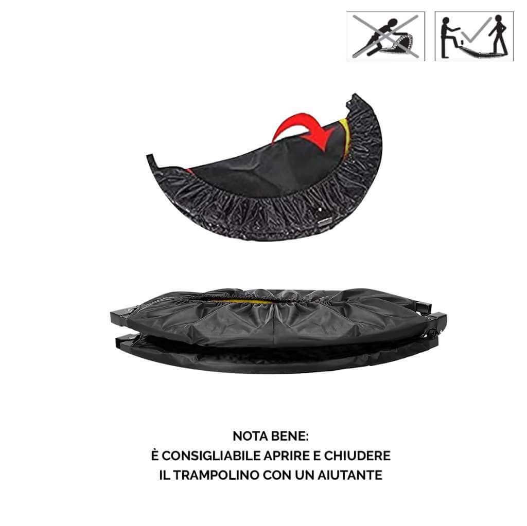 Trampolino piegato. Superficie di salto nera con bordo giallo. Nota: aprire/chiudere il trampolino con aiuto.