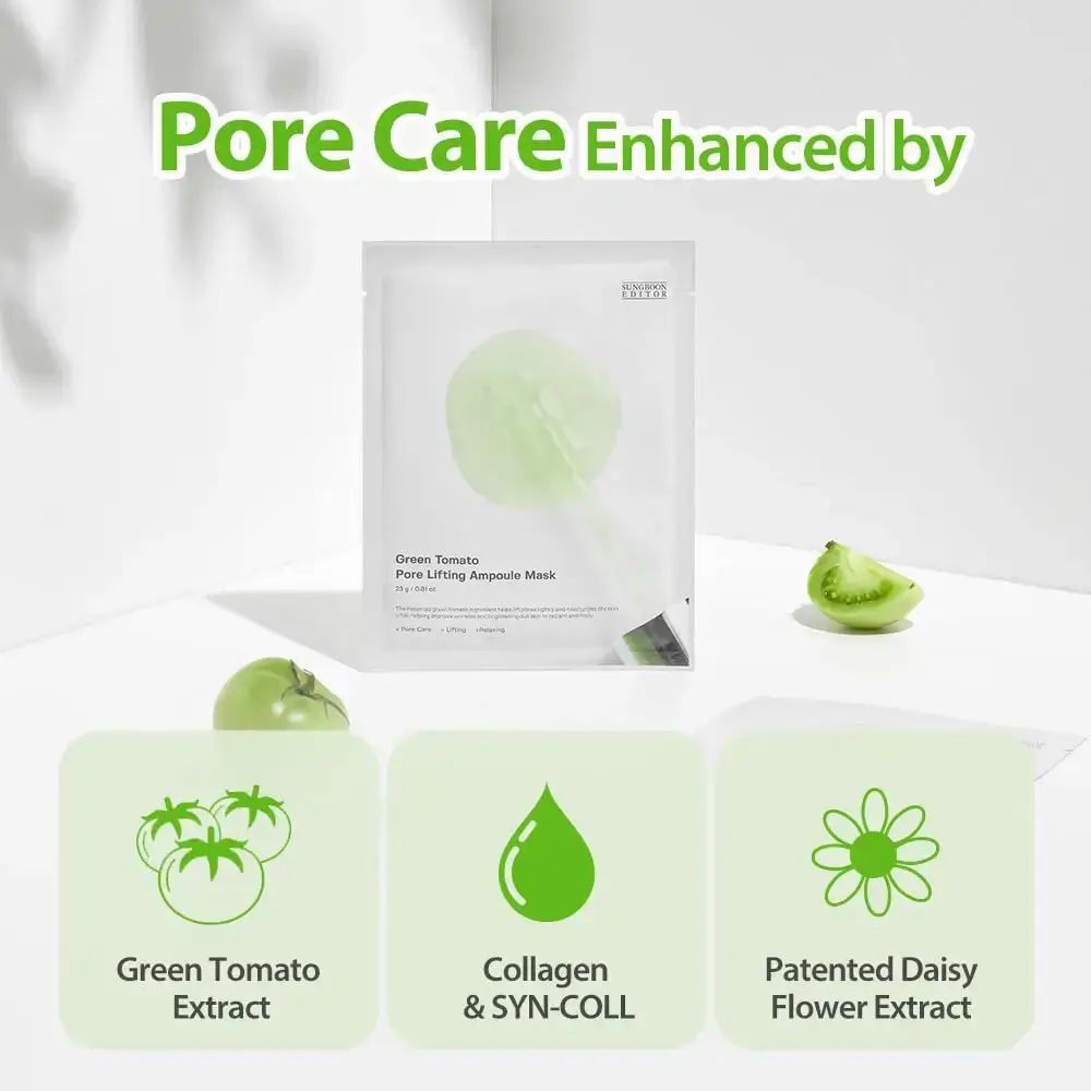 Confezione del prodotto con design a pomodoro verde. Testo: Pore Care Enhanced by. Ingredienti: Green Tomato Extract, Collagen & SYN-COLL, Patented Daisy Flower Extract.