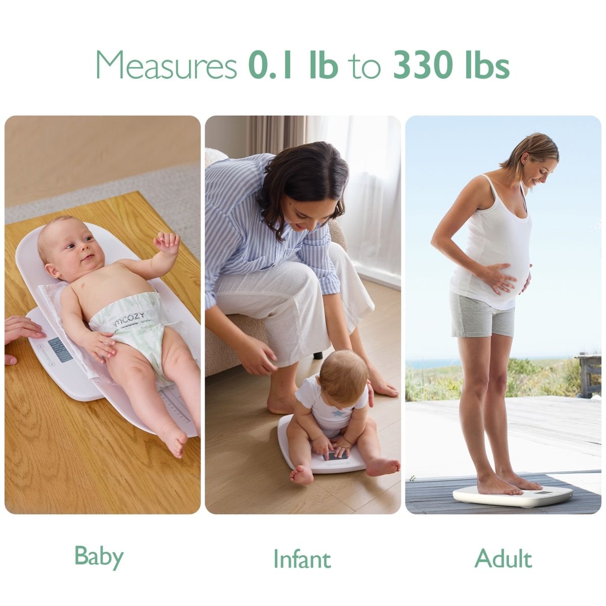 Tre immagini: bambino su bilancia, bambino con madre, donna su bilancia. Bilancia Momcozy. Testo: Misura da 0,1 lb a 330 lbs. Bambino, neonato, adulto.