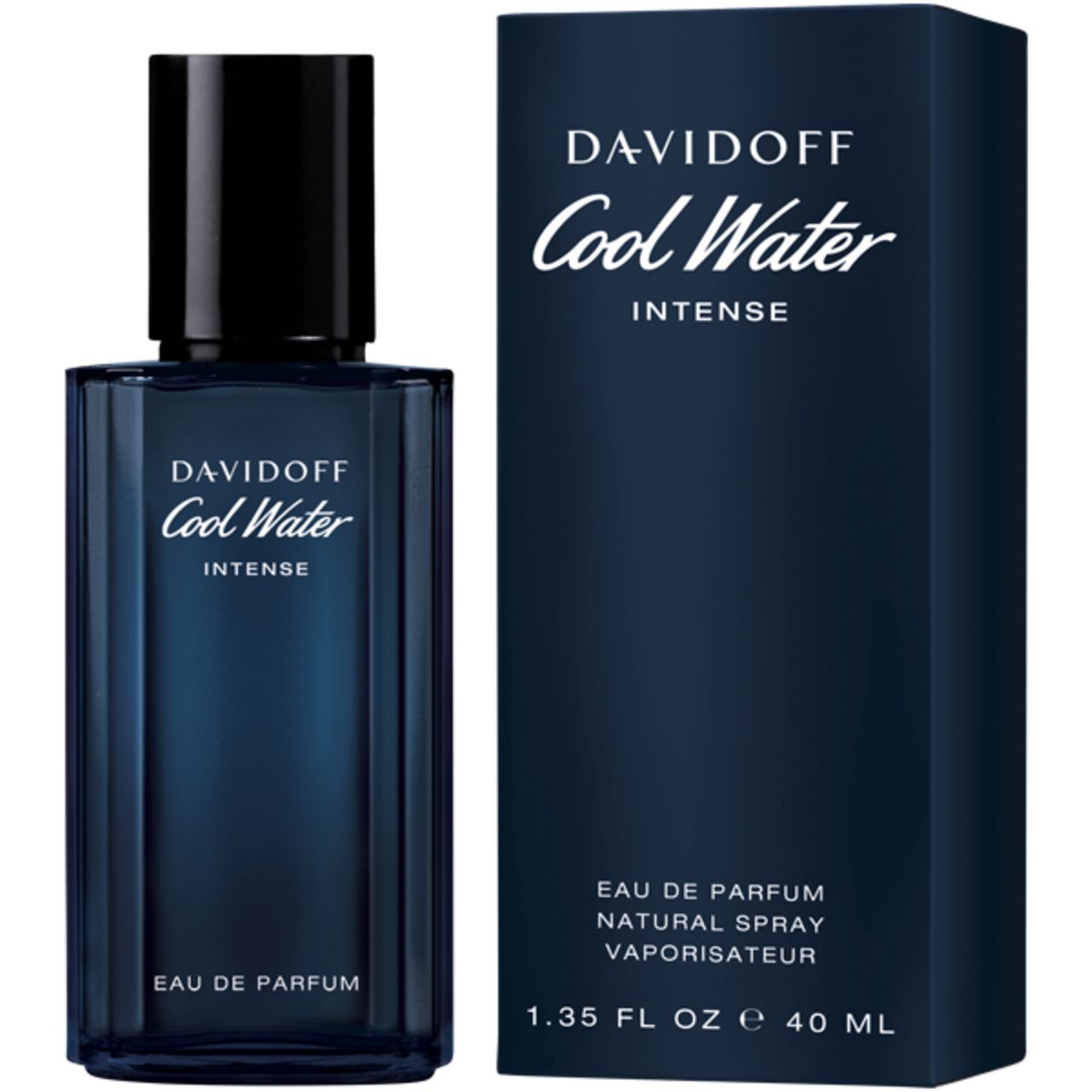 Flacone e confezione blu scuro. Scritta: Davidoff Cool Water Intense Eau de Parfum Natural Spray Vaporisateur.