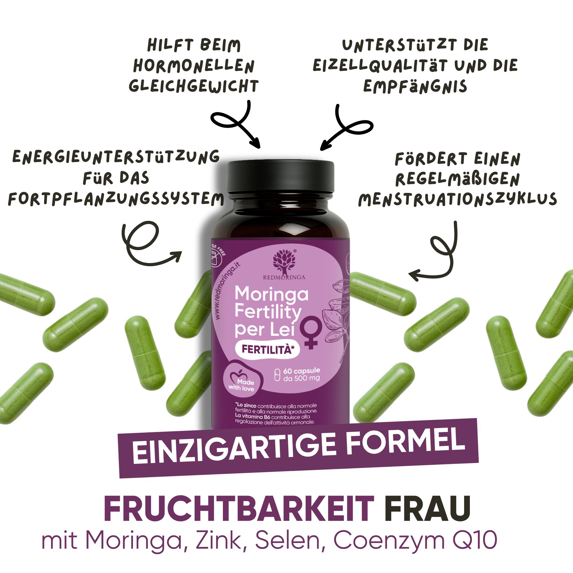 Flacone RedMoringa Fertility per Lei con capsule verdi. Supporta l'equilibrio ormonale.