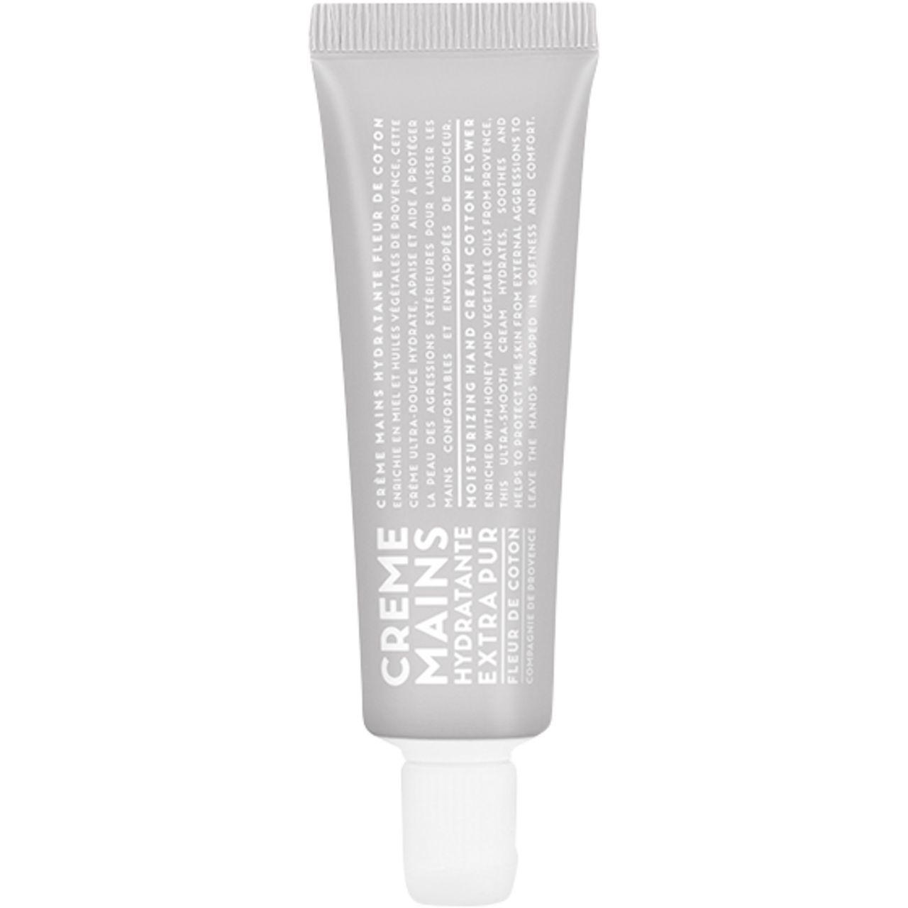 Tubo di crema per le mani grigio. Testo: Crème Mains Hydratante Extra Pur Fleur de Coton. Crema mani idratante.