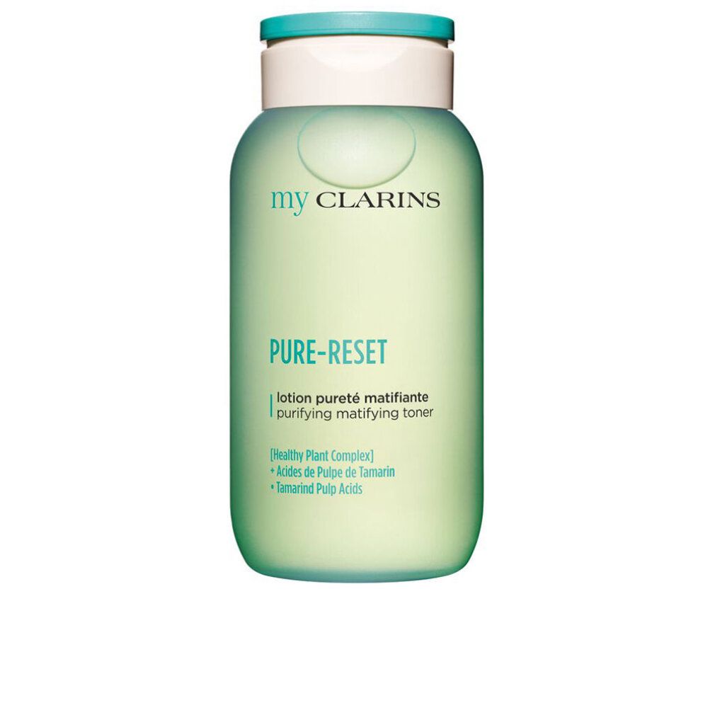 Flacone verde con tappo bianco. Scritta: My Clarins, Pure-Reset, lotion pureté matifiante, purifying matifying toner.