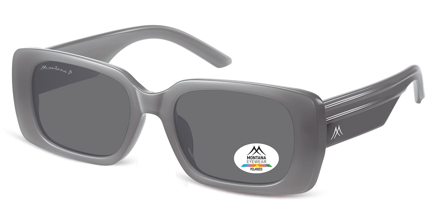 Occhiali da sole grigi, lenti rettangolari. Logo Montana Eyewear sull'asta. Adesivo polarizzato sulla lente.