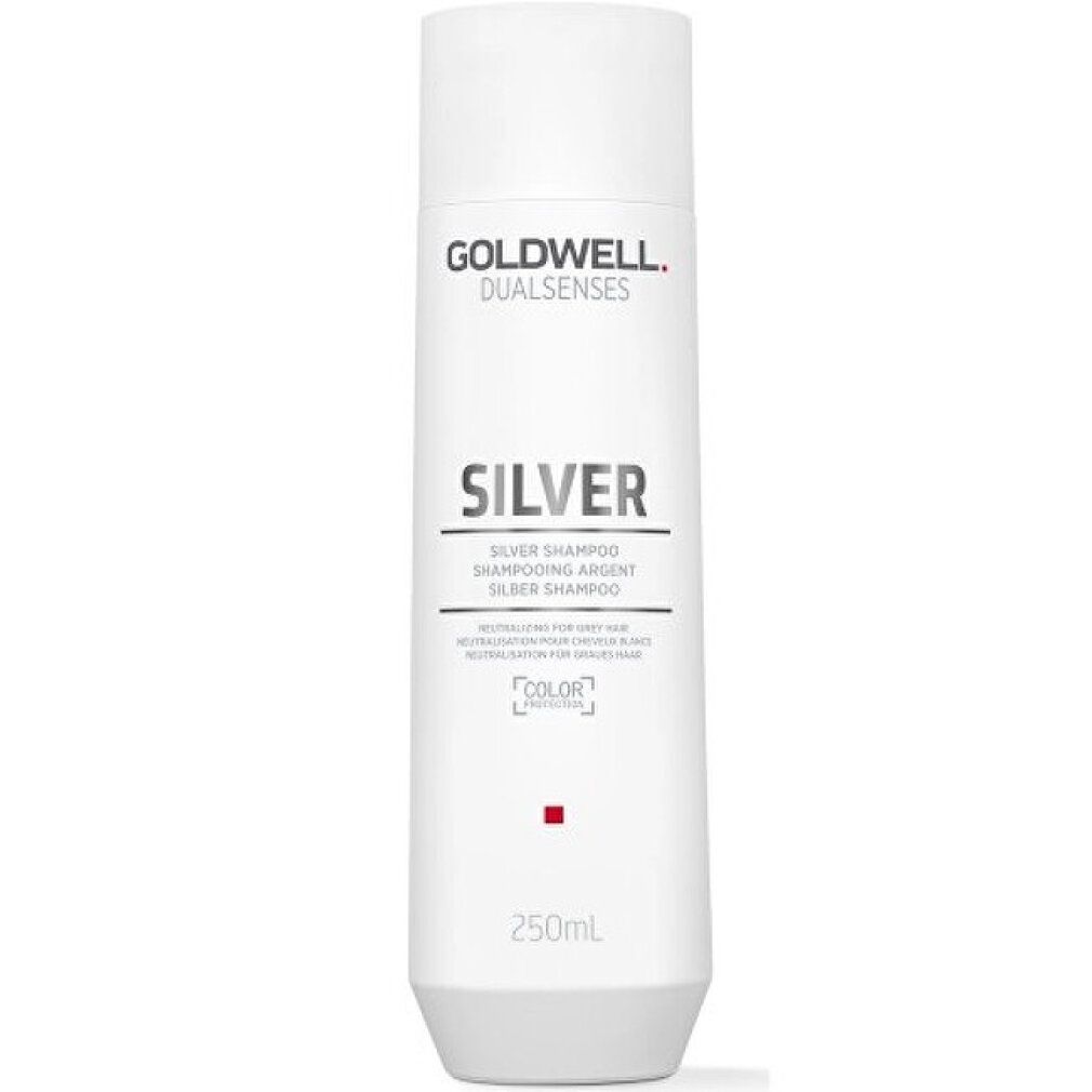 Shampoo bianco con scritta GOLDWELL DUALSENSES SILVER. Nome del prodotto e logo. Punto rosso. 250ml.