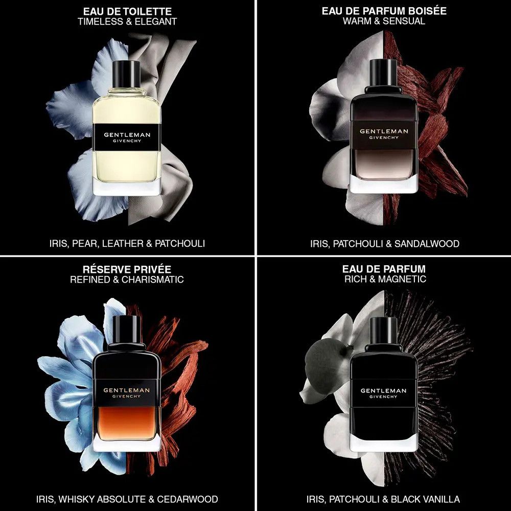Quattro flaconi su sfondo nero. Profumi diversi. Scritta: GENTLEMAN GIVENCHY. Elementi aggiuntivi.