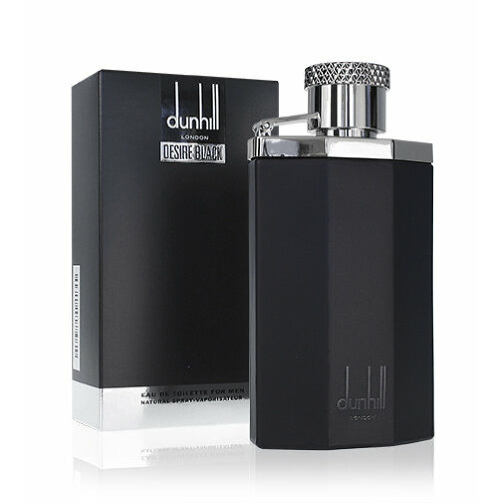 Flacone e confezione neri. Sulla confezione "dunhill London Desire Black". Il flacone è di forma rettangolare.