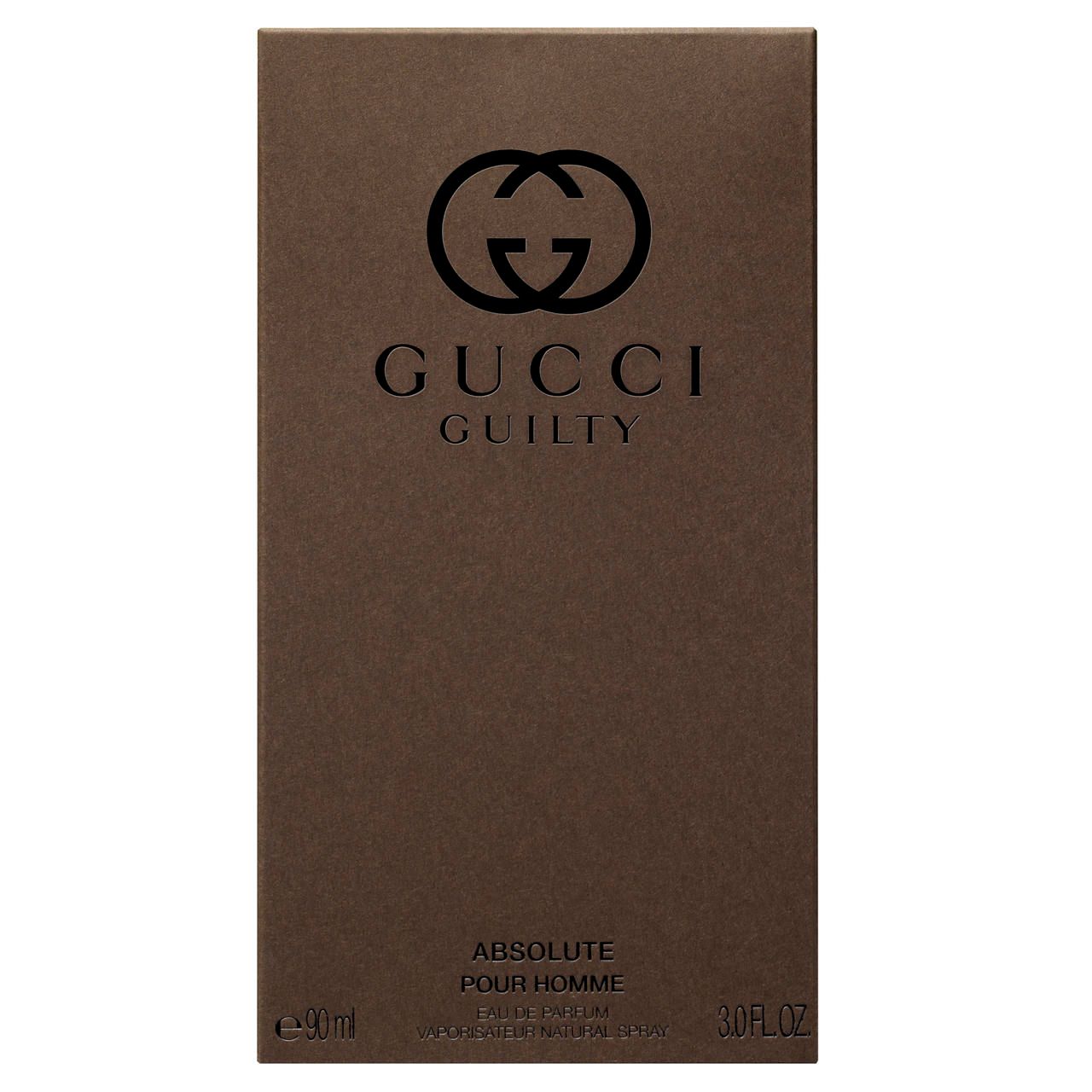 Confezione rettangolare marrone. Logo e scritta. Scritta: Gucci Guilty, Absolute Pour Homme.