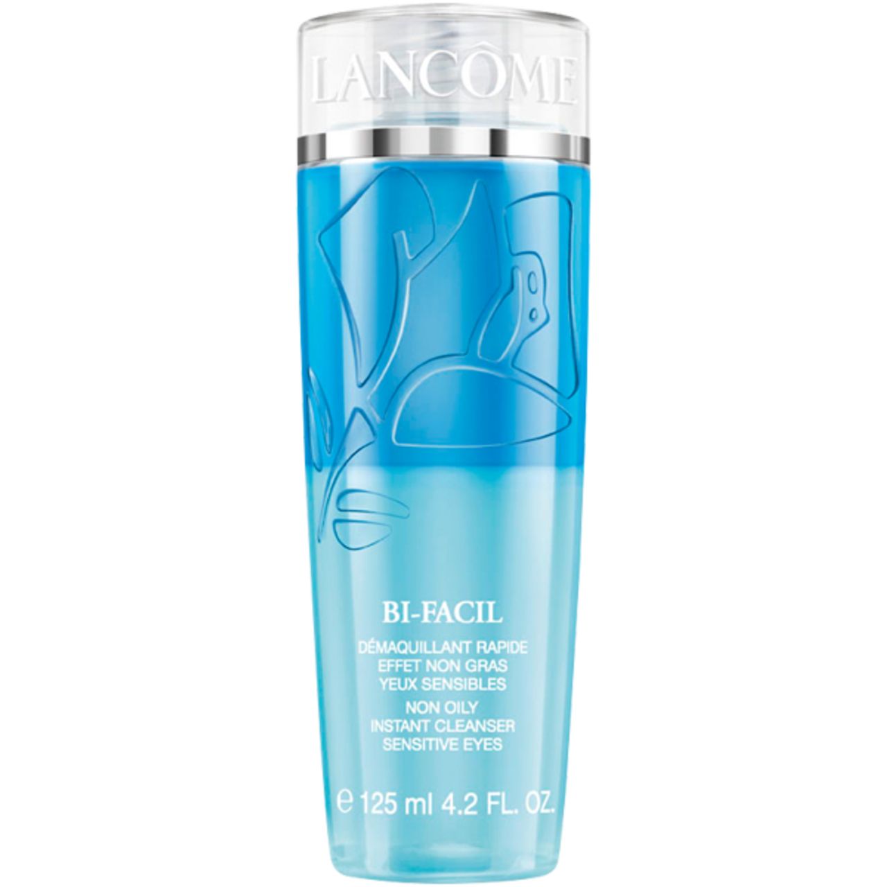 LANCÔME Bi-Facil, struccante. Flacone blu con tappo trasparente. Scritte visibili.