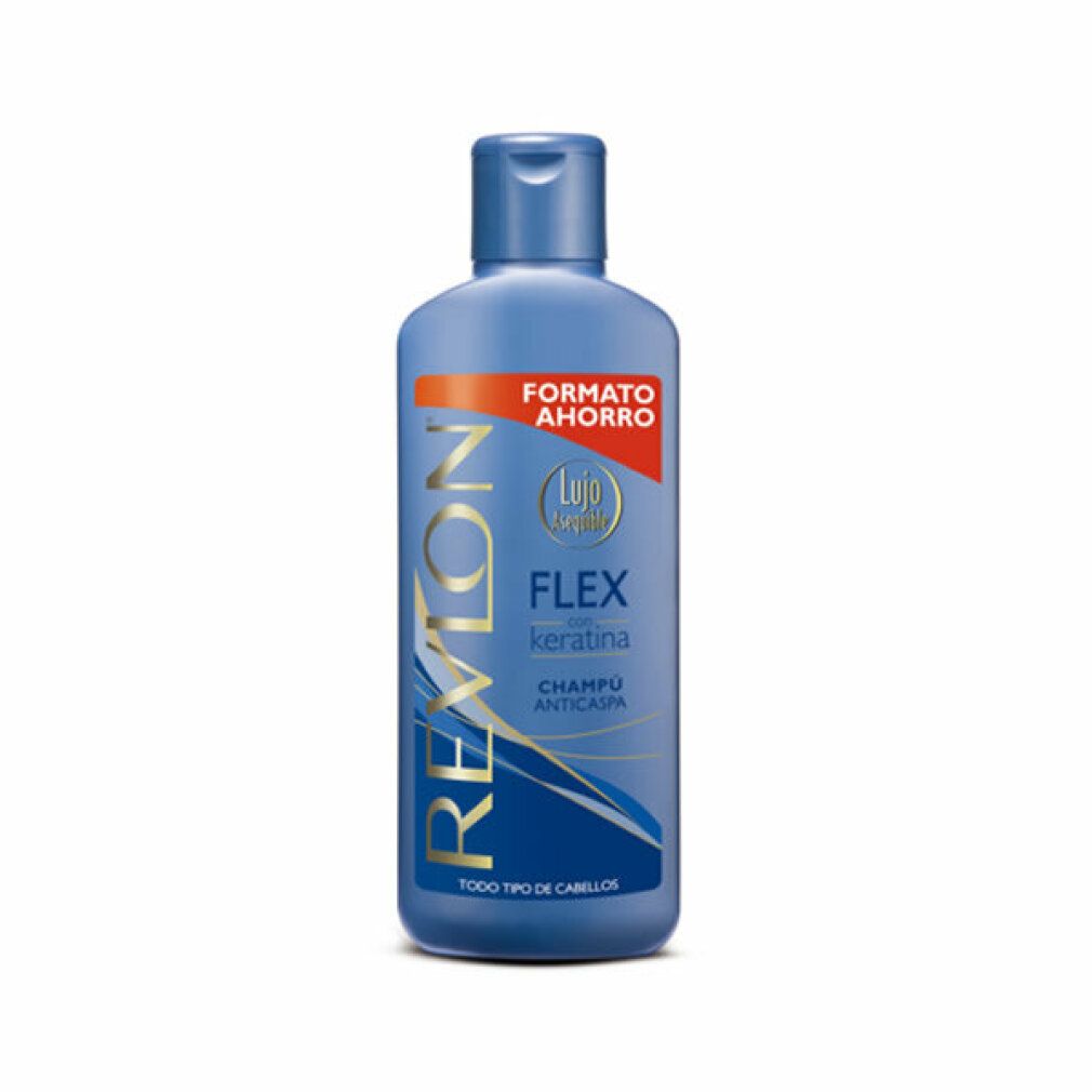 Flacone blu di shampoo antiforfora Revlon Flex. Contiene cheratina. Etichetta rossa "Formato Ahorro".