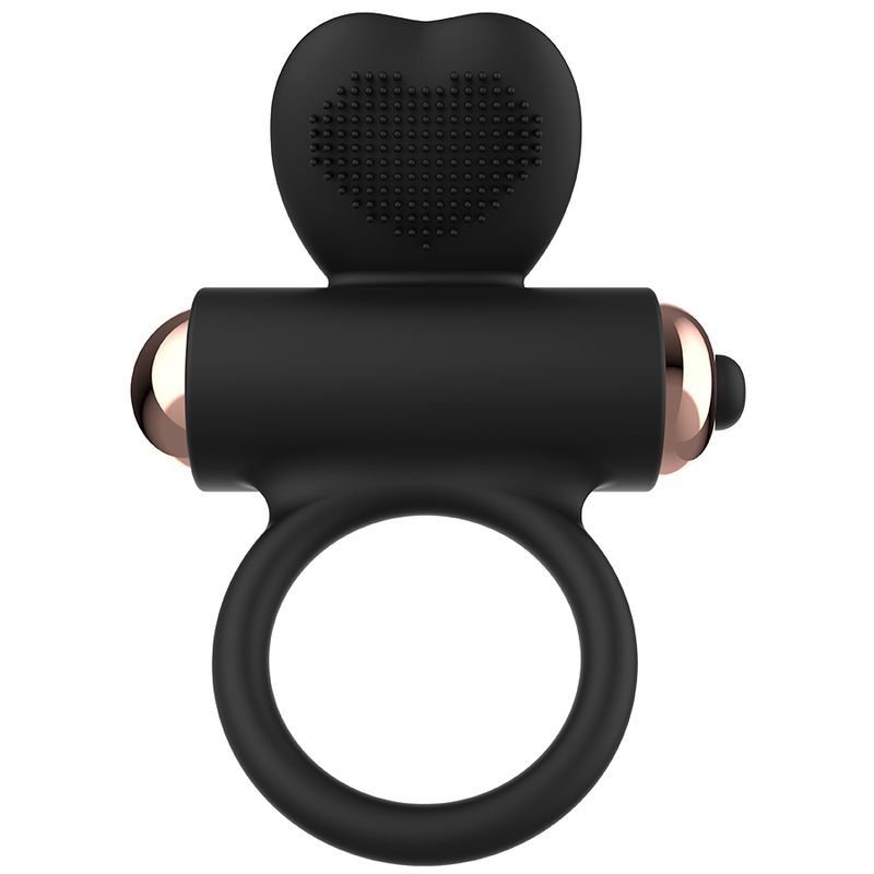 Anello vibrante per pene in silicone nero con elementi color oro rosa. Anello, testina vibrante con nodi e pulsante.