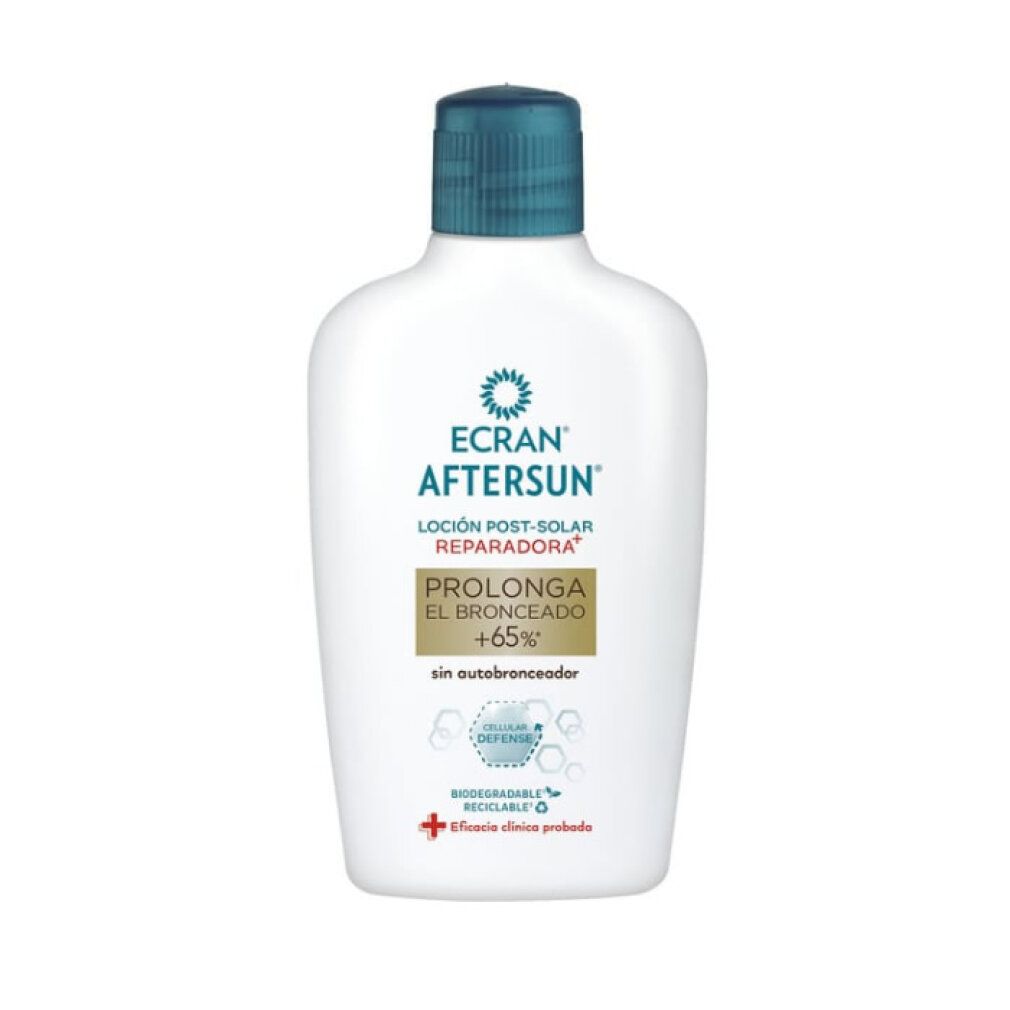 Flacone bianco con tappo blu. Scritta: Ecran Aftersun, Loción Post-Solar Reparadora, Prolonga el Bronceado. Testo: +65%, sin autobronceador.