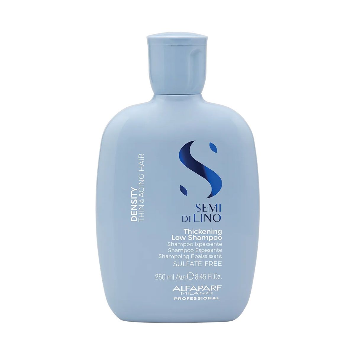 Alfaparf Milano Semi di Lino Density Low Shampoo, flacone 250 ml, azzurro.
