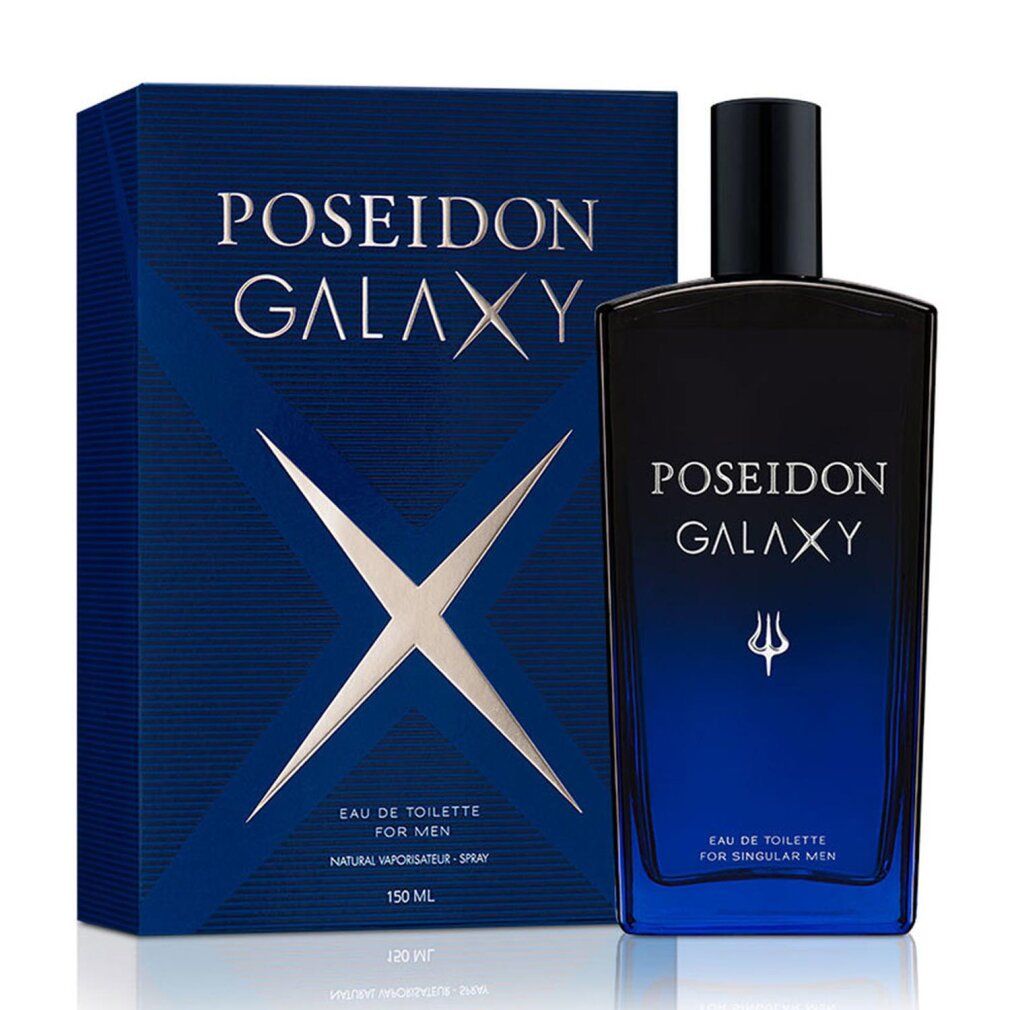 Flacone blu e scatola con logo Poseidon Galaxy. Flacone con tappo nero. Testo: Eau de Toilette per uomo.