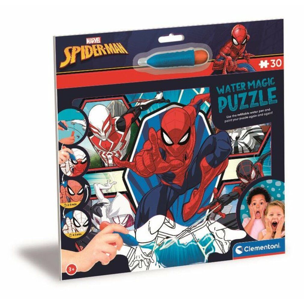 Puzzle Marvel Spiderman Water Magic. Confezione con puzzle, penna e illustrazioni di Spiderman. Contiene 30 pezzi. Logo Clementoni.