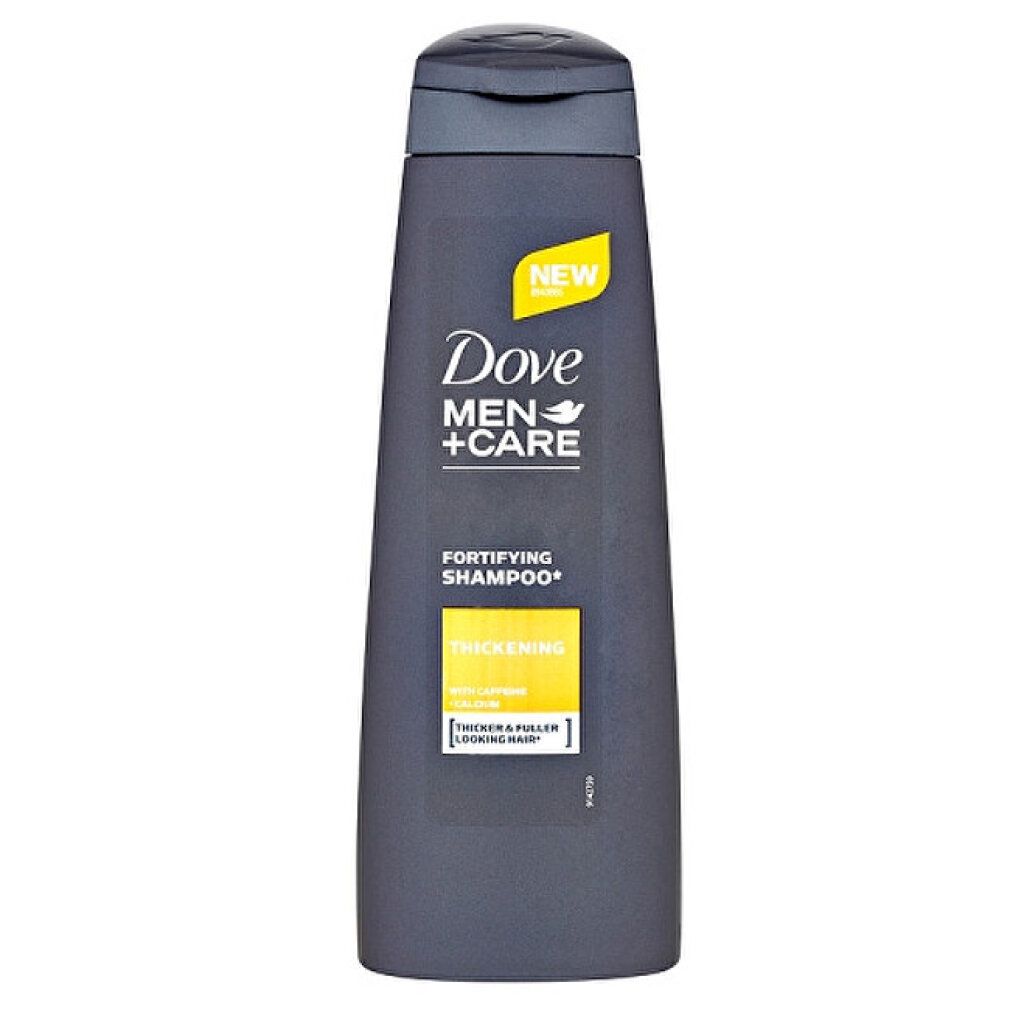 Flacone di shampoo grigio scuro con tappo nero. Etichetta gialla con scritta 'Thickening' e 'Dove Men+Care'.