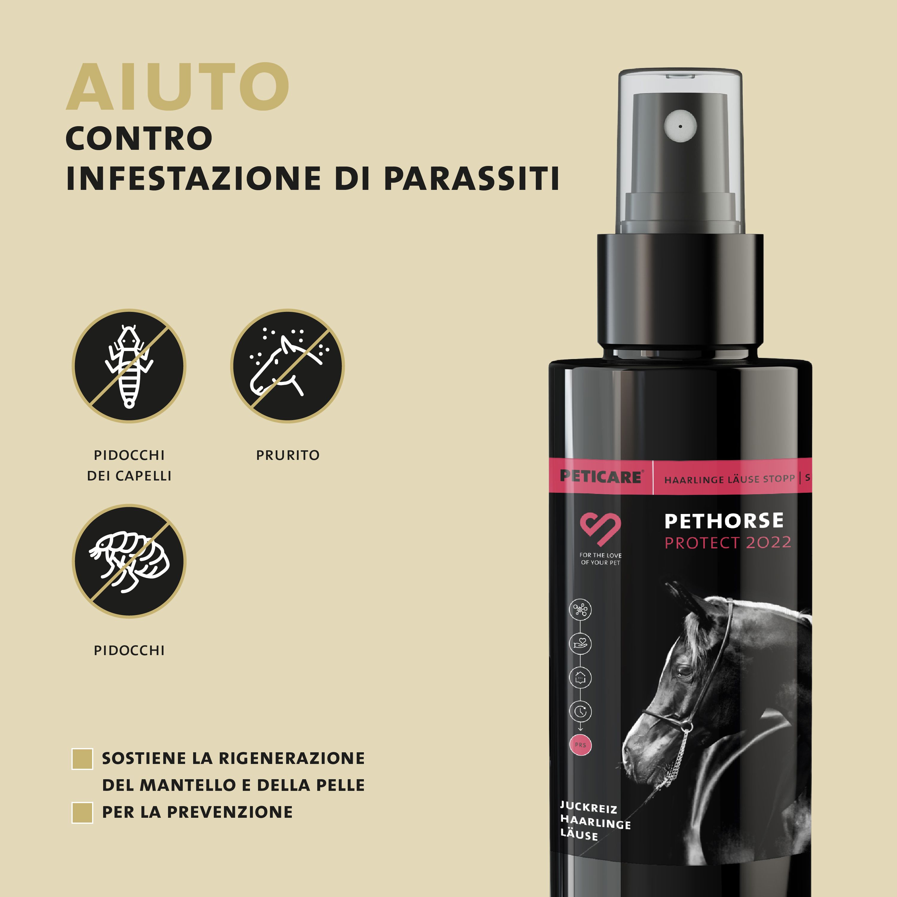 Flacone nero con spruzzatore. Testo: Pethorse Protect 2022. Grafici di pidocchi, prurito e pidocchi.