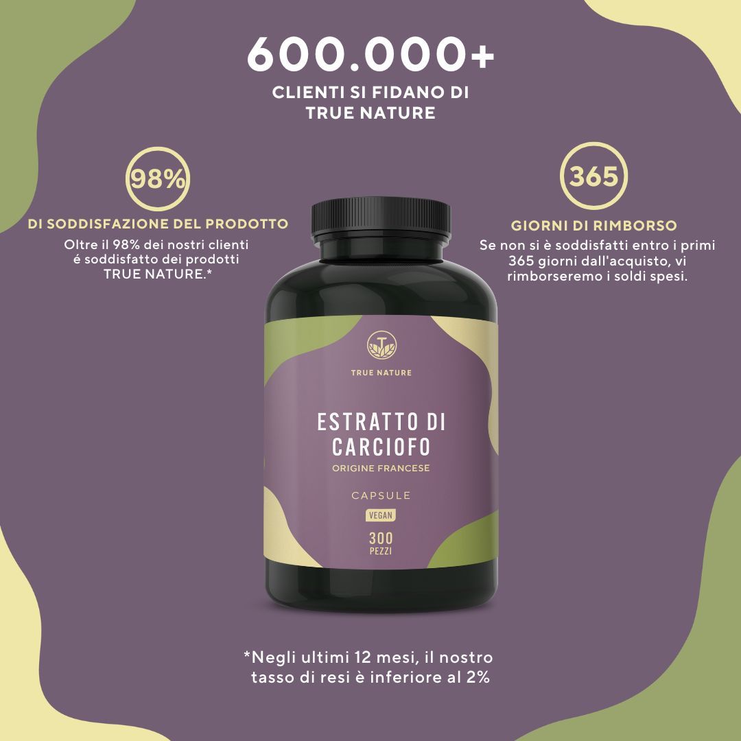 Flacone con capsule. Testo: 600.000+ clienti, 98% soddisfazione, garanzia di rimborso di 365 giorni.
