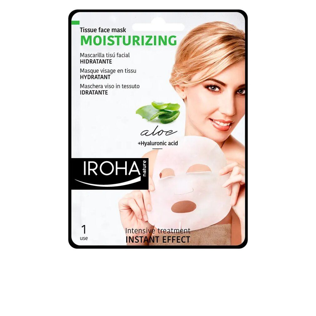 Maschera viso in confezione. Donna tiene maschera. Testo: Moisturizing, Aloe + Acido Ialuronico, Iroha Nature. 1 uso.