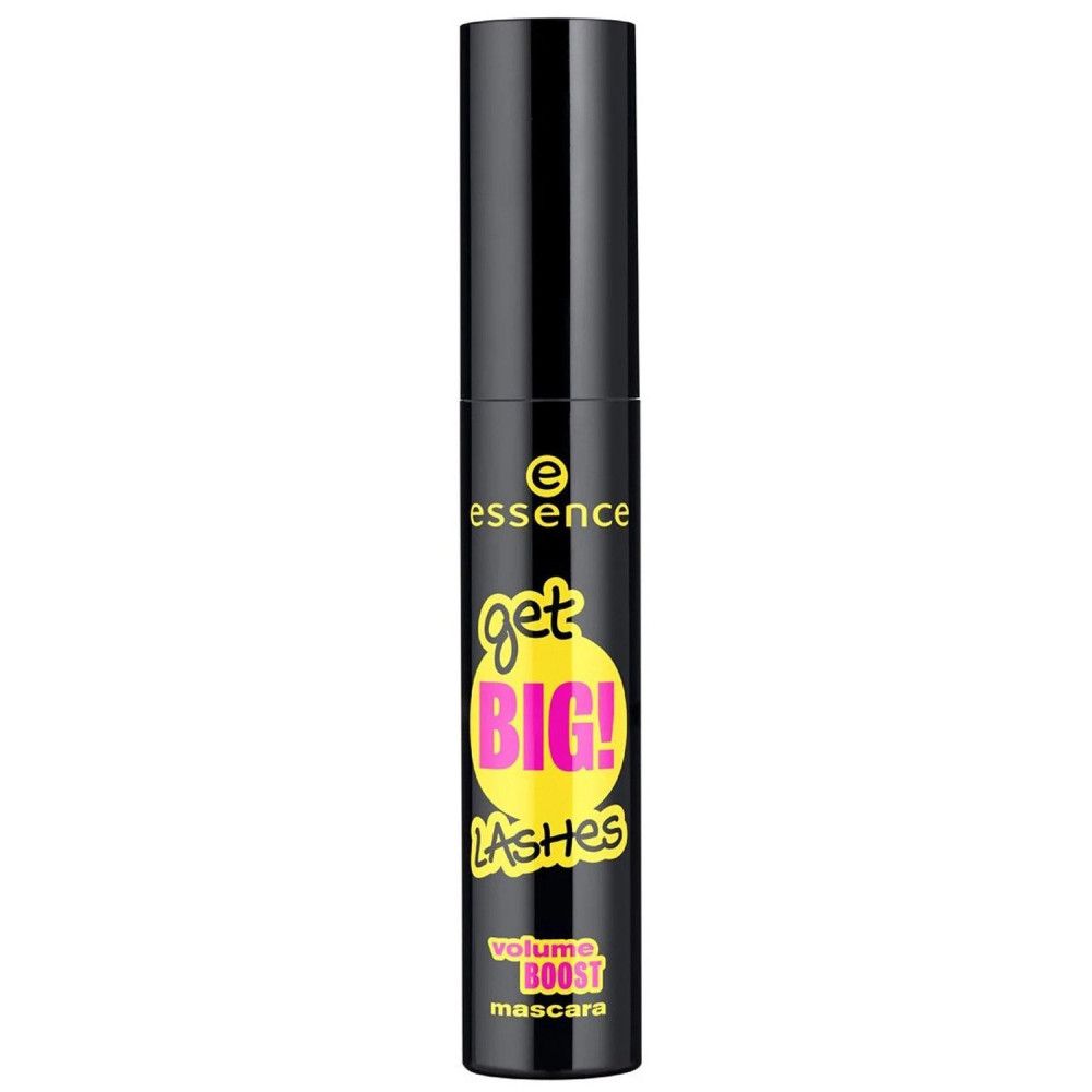 Spazzola e flacone di mascara neri. Scritta: get BIG! LASHES, Volume Boost Mascara. Marchio: essence.