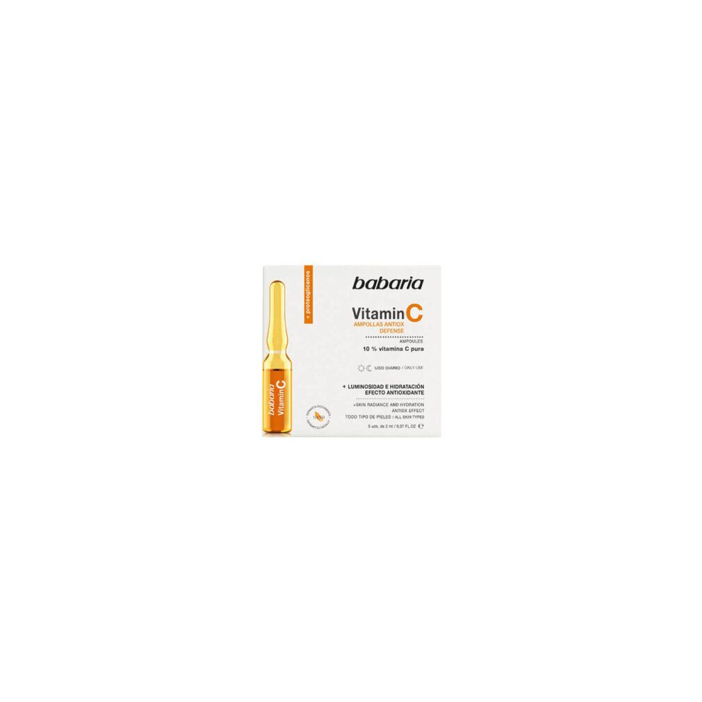 Confezione di fiale Babaria alla vitamina C. Contiene una fiala e una scatola con informazioni sul prodotto. Dermatologicamente testato.