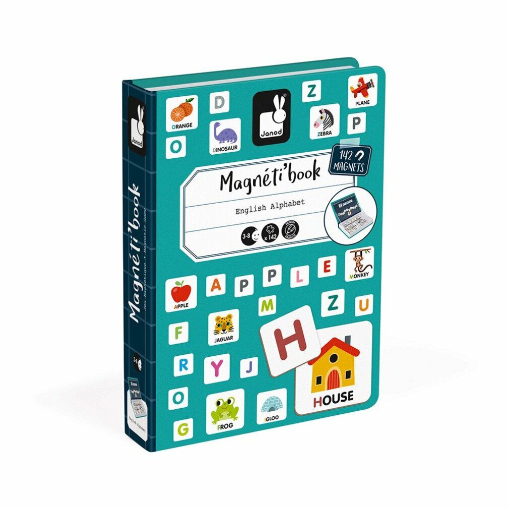 Magnetibook Alfabeto inglese. Libro chiuso con lettere e immagini. Titolo: English Alphabet. Marchio Janod. 812 magneti.