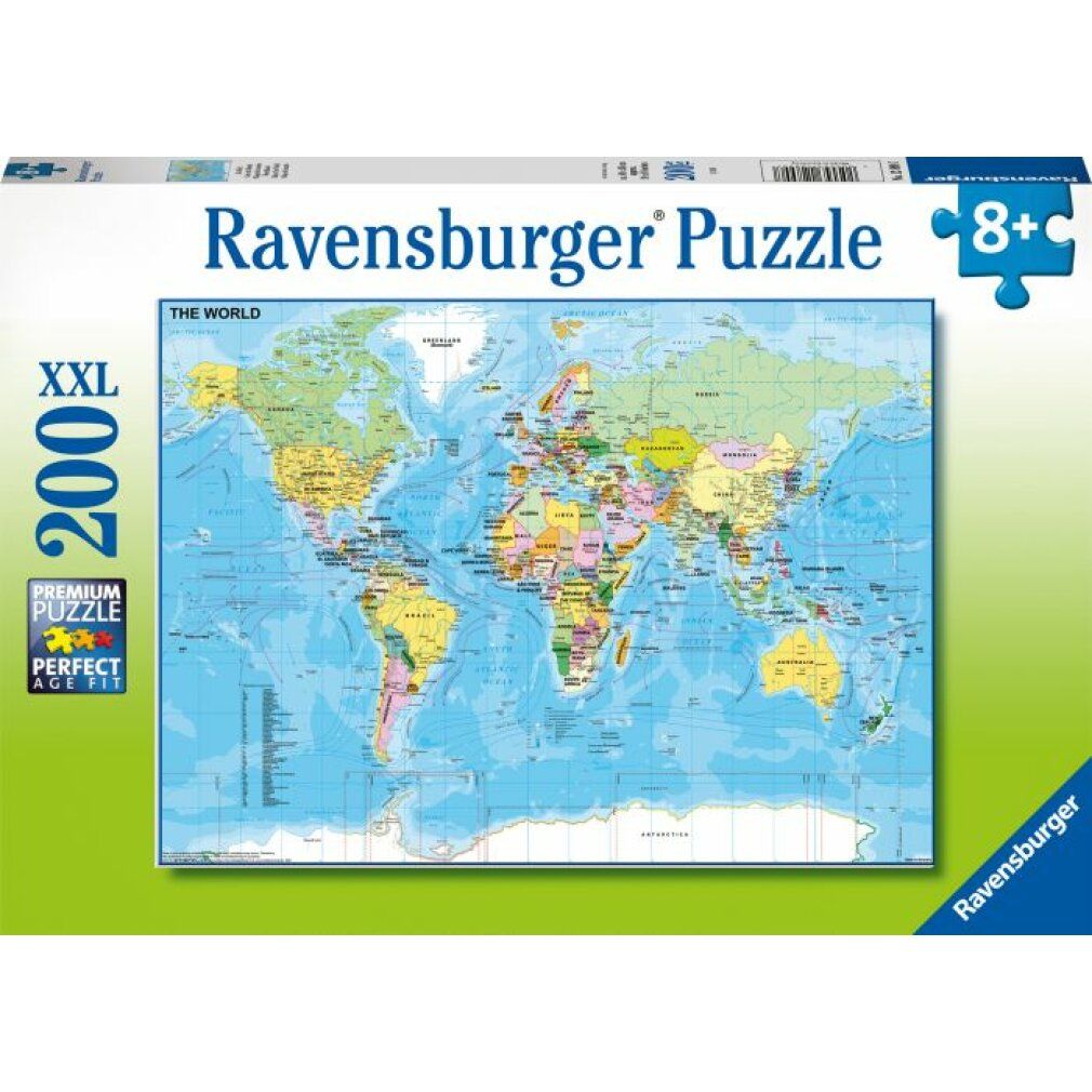 Scatola puzzle Pz. Die Welt 200T xxl. Puzzle Ravensburger, mappa del mondo, 200 pezzi, 8+. Premium Puzzle.