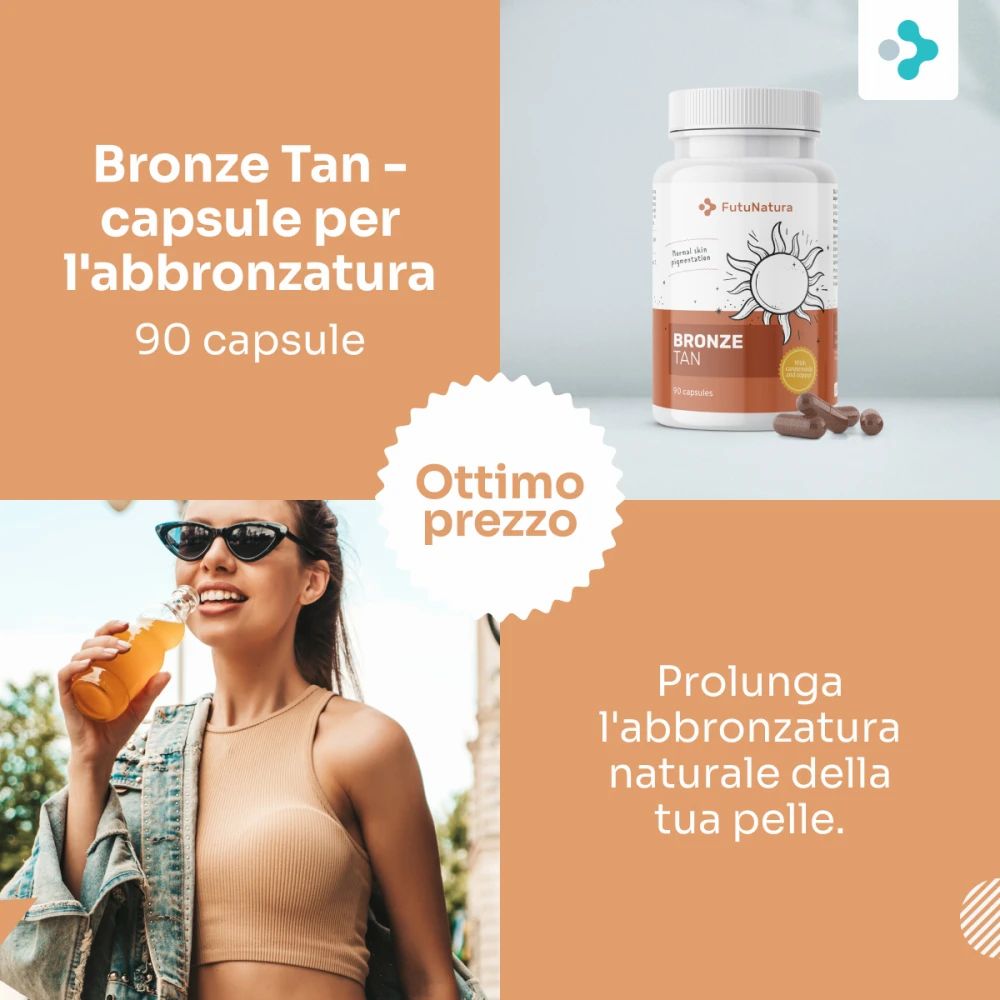 FutuNatura Bronze Tan, 90 capsule. Flacone bianco con logo sole. Donna che beve una bevanda.