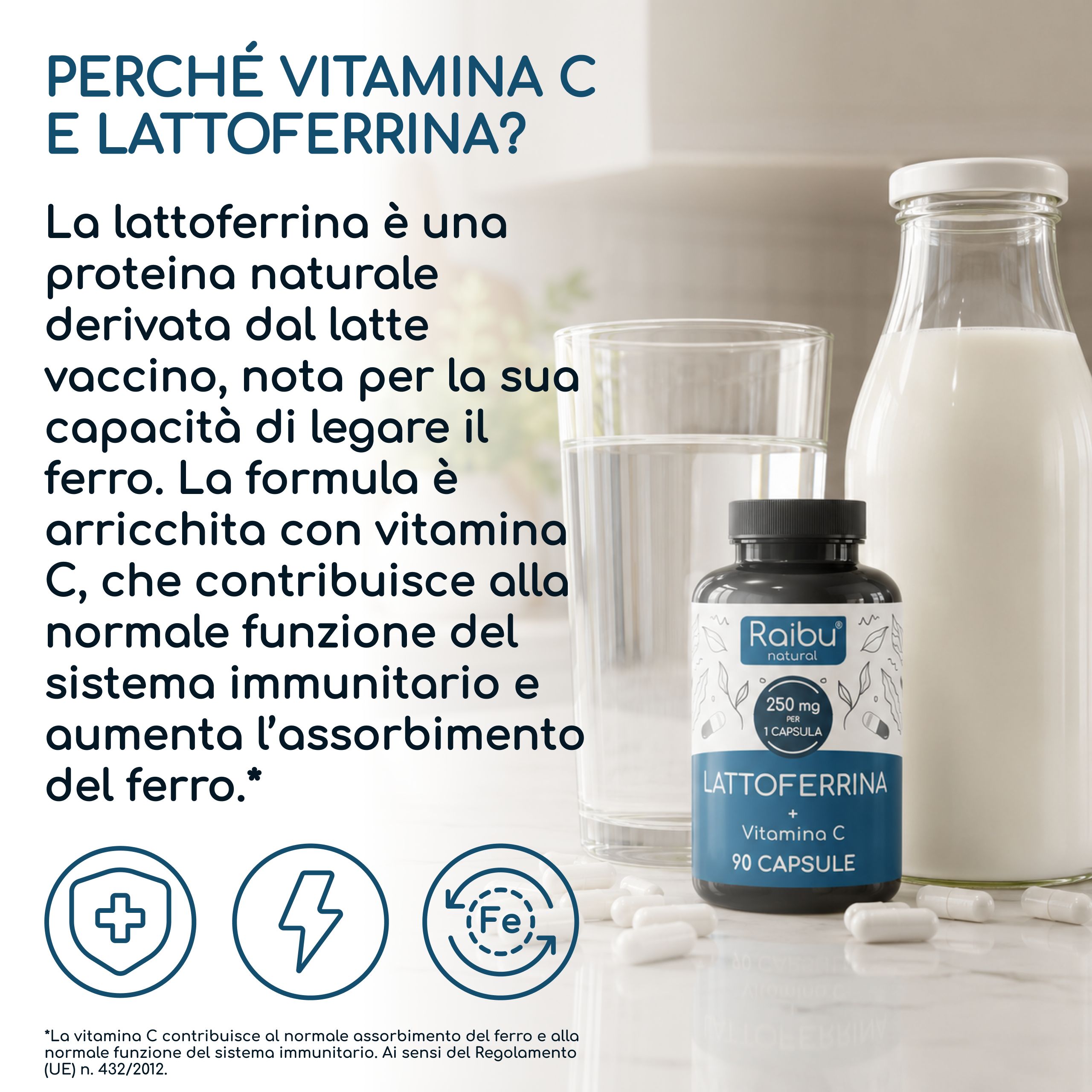 Lattoferrina 250 mg per Capsula + vitamina C - per assorbimento del ferro e immunità - RAIBU