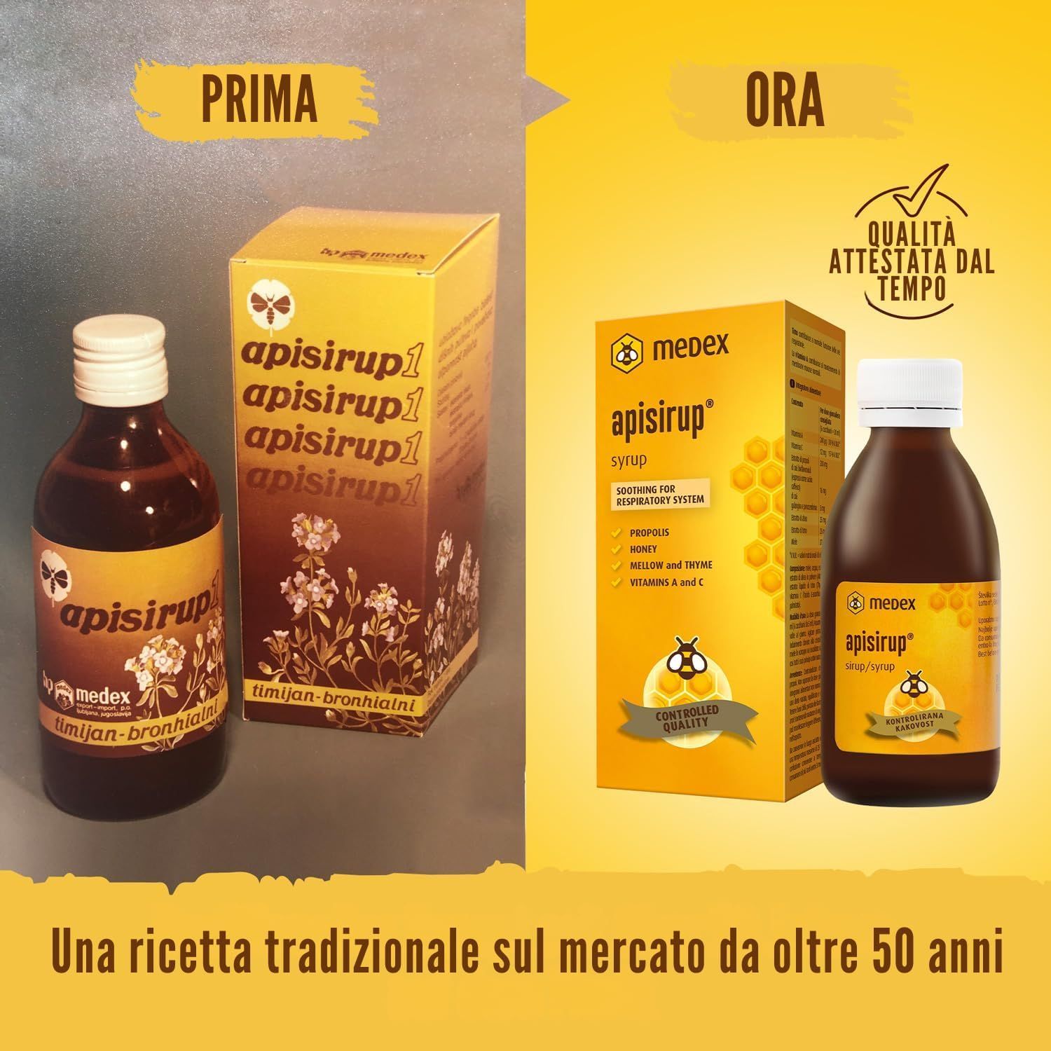 Medex Apisirup, confronto: confezione vecchia e nuova. Sulla nuova: propoli, miele, malva, timo.