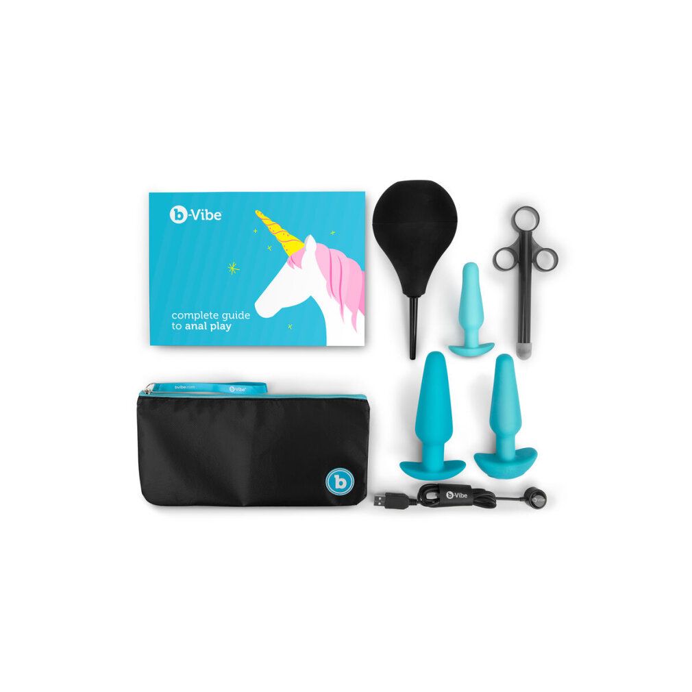Set di plug anali, accessori, custodia, guida e dispositivo di pulizia. Blu e nero. Confezione con unicorno.