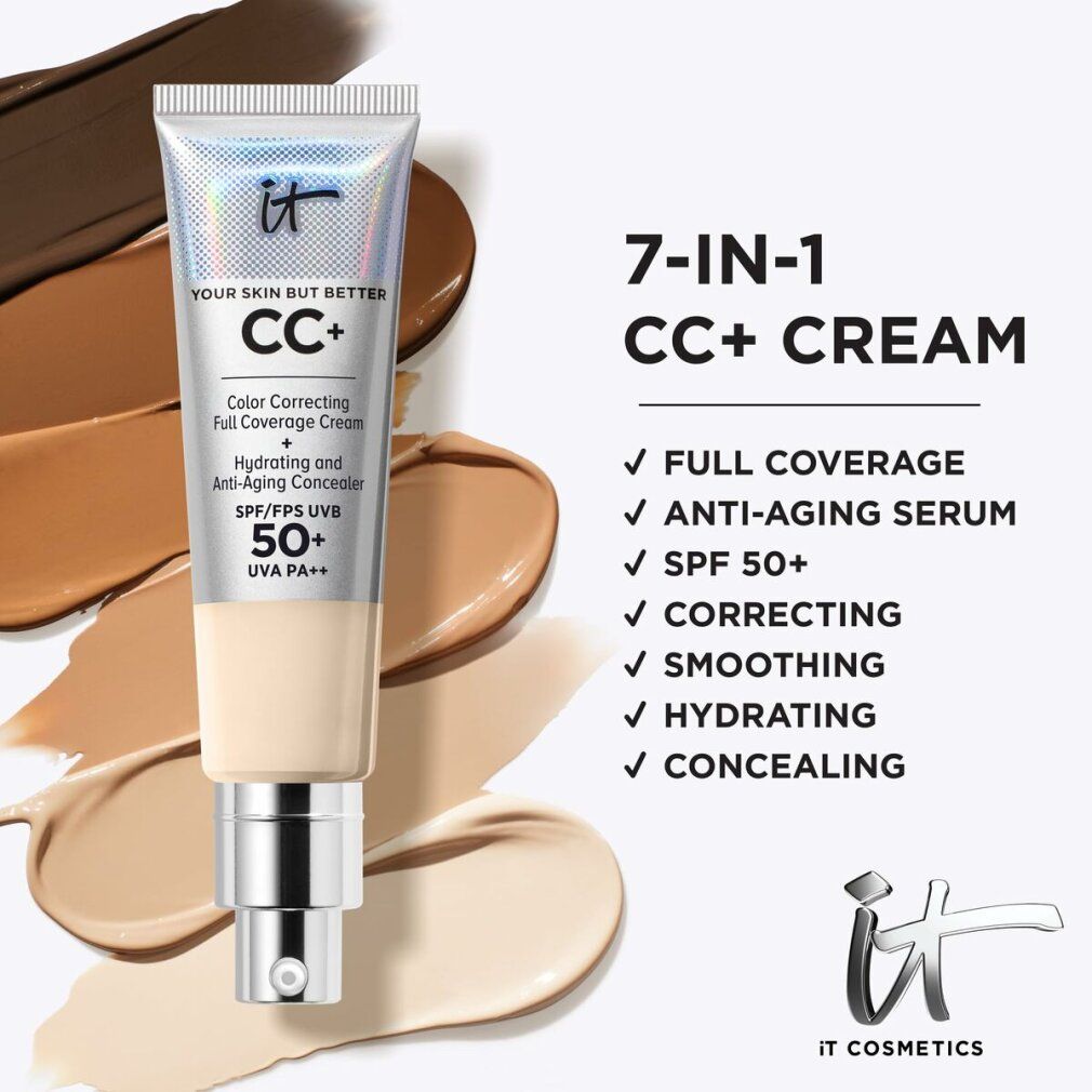 Tubo IT Cosmetics CC+ crema. Testo: CC+, SPF 50. Prodotto e tonalità su sfondo. Scritta: 7-IN-1 CC+ CREAM.
