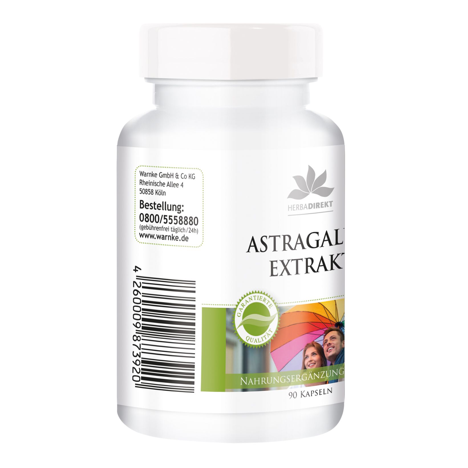 Flacone bianco di capsule. Scritta: ASTRAGALUS-EXTRAKT, Herbadirekt, 90 capsule. Logo verde di qualità. Warnke GmbH & Co KG.