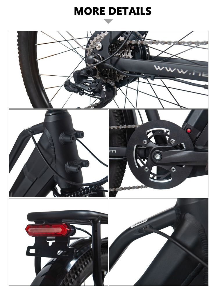 Viste dettagliate di una e-bike nera. Mostra catena, freno, fanale posteriore e altri componenti.