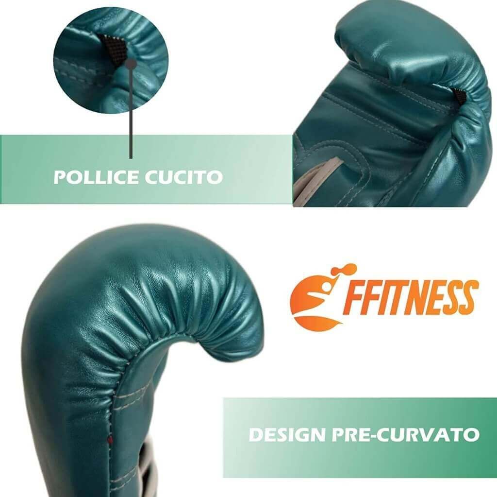 Primi piani di guantoni da boxe verdi. Dettagli: cucitura del pollice, design pre-curvato. Logo "FFitness".