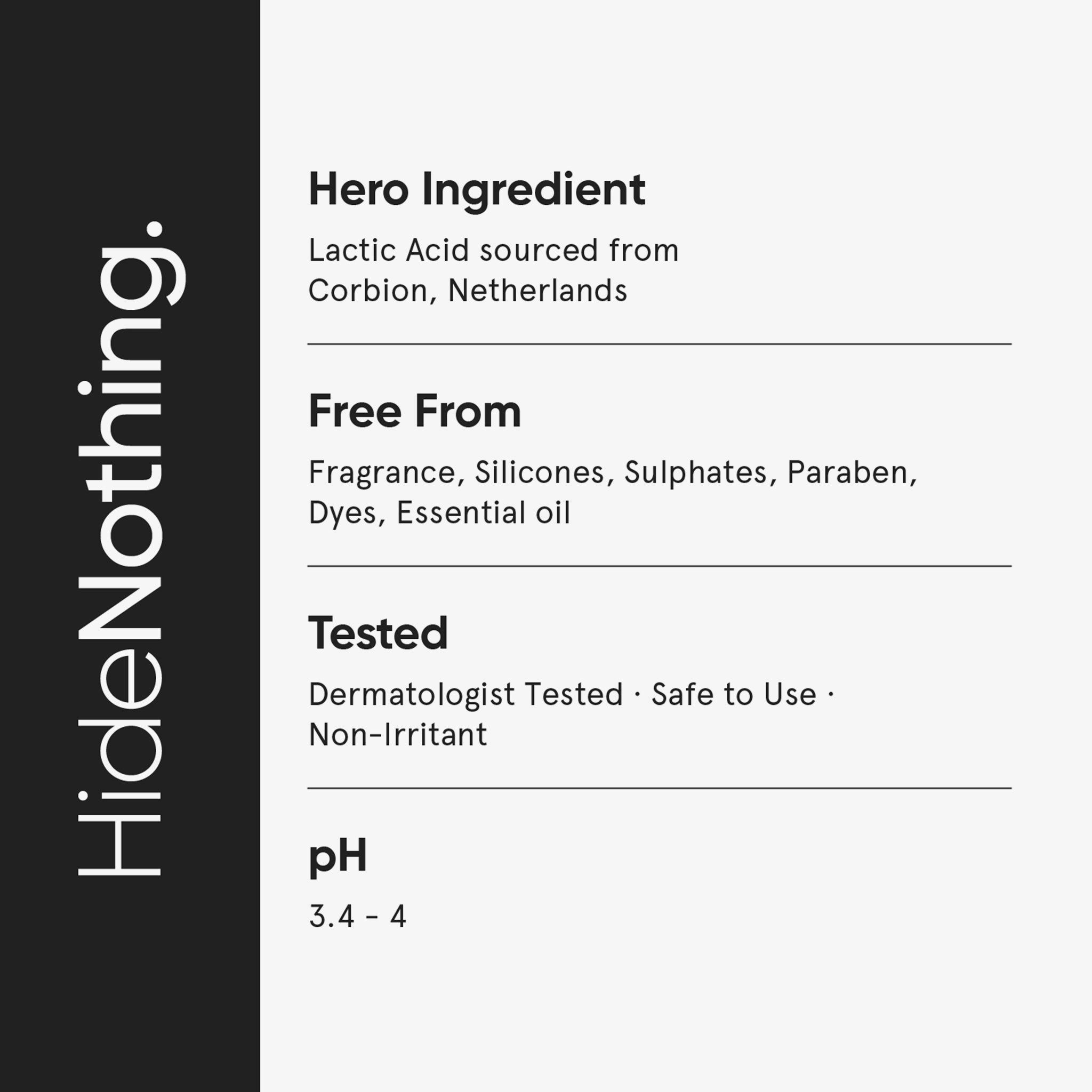 Testo su sfondo grigio. Informazioni sugli ingredienti e il pH. Contiene acido lattico, senza profumo, siliconi, solfati.