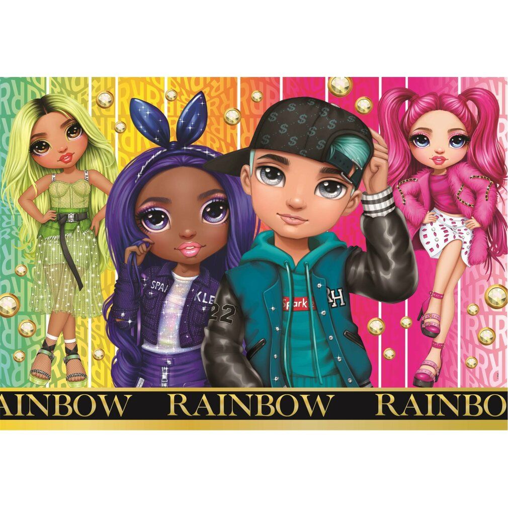 Puzzle con illustrazioni di bambole. Scritta: Rainbow High. Marchio Clementoni. 104 pezzi.
