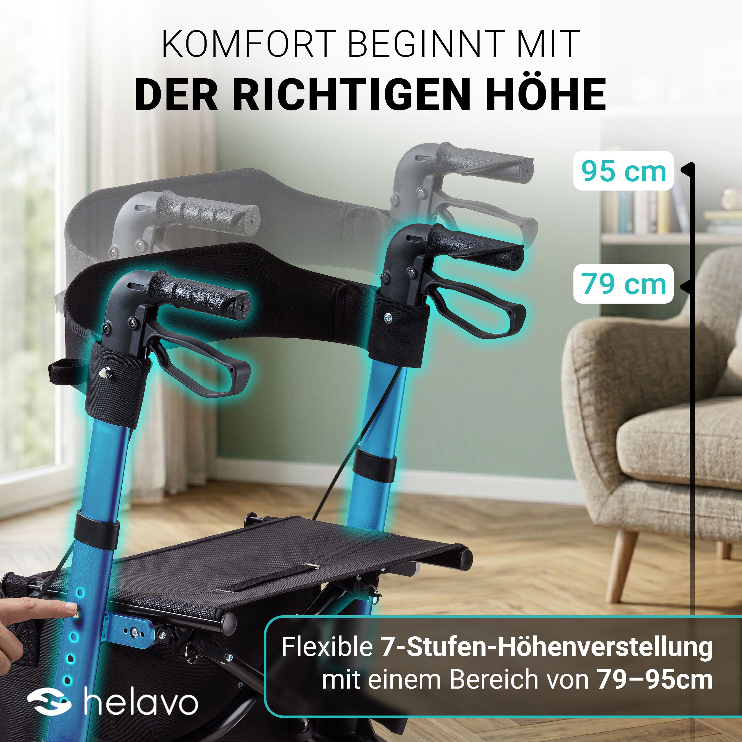 Regolazione in altezza di un rollator da 79 cm a 95 cm in 7 livelli.