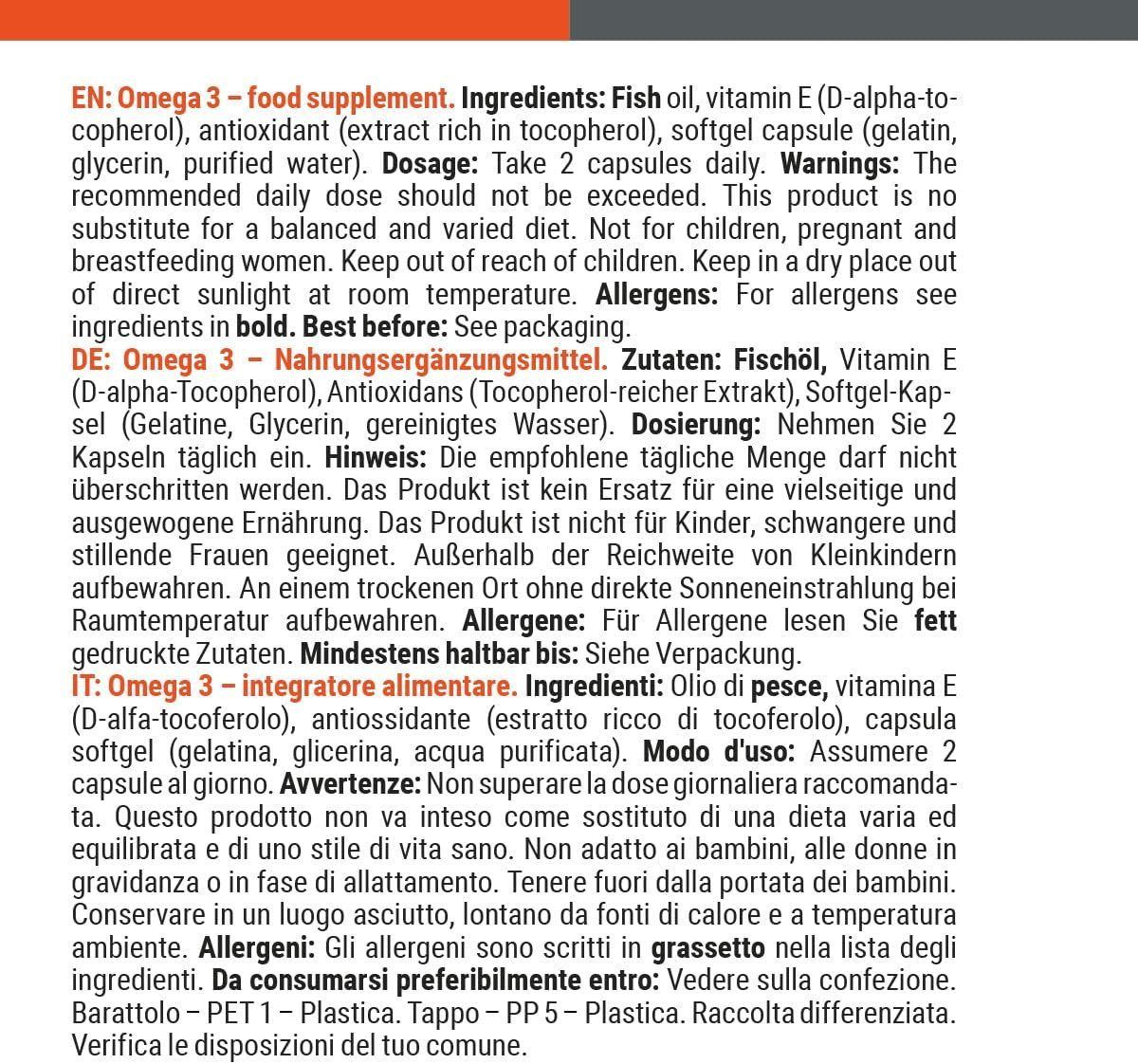 Retro di un contenitore GymBeam Omega 3 con valori nutrizionali e ingredienti.
