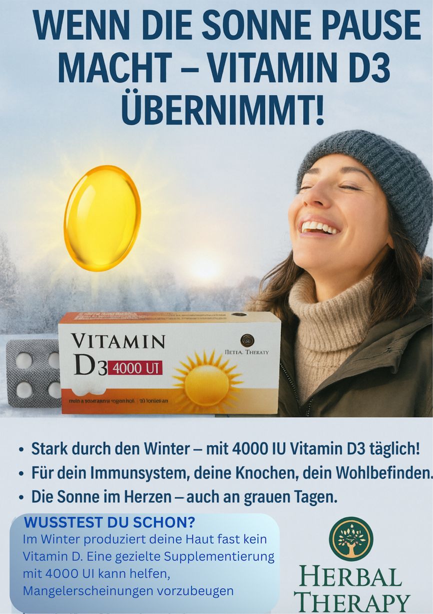 Immagine pubblicitaria con donna e confezione di vitamina D3 4000 UI. Testo: Quando il sole fa una pausa - la vitamina D3 subentra!
