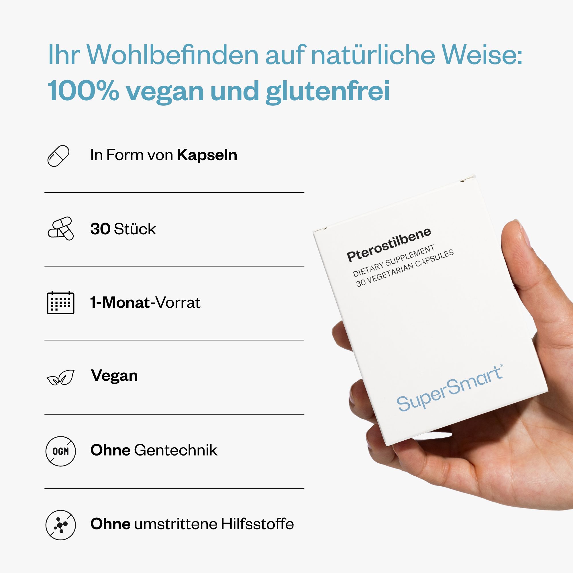 Confezione da 30 capsule vegetariane Pterostilbene di SuperSmart. Vegano, senza glutine, senza OGM.