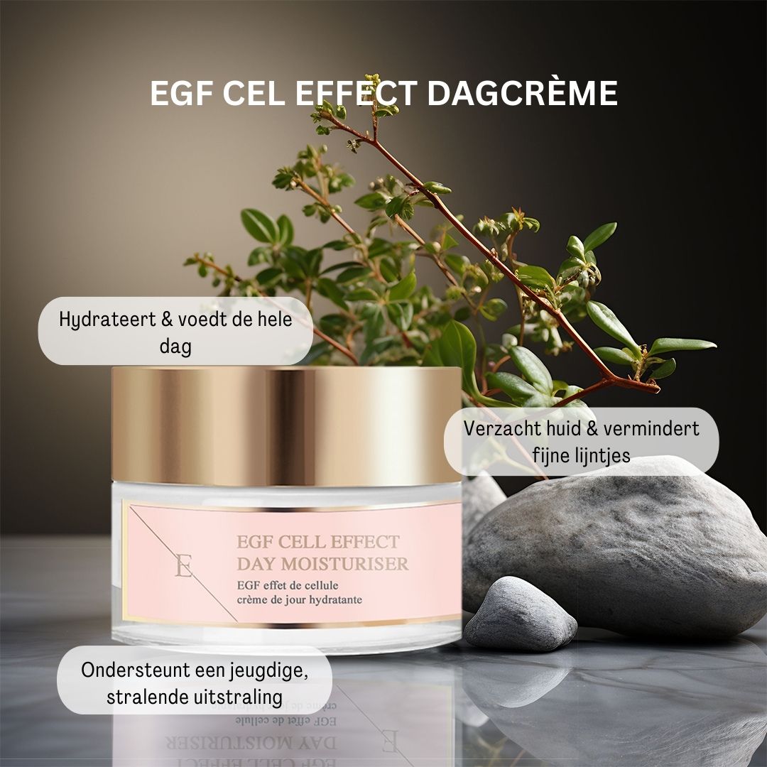 Vasetto di crema con coperchio dorato ed etichetta rosa. Testo: EGF Cell Effect Day Moisturiser. Sfondo: piante e pietre.