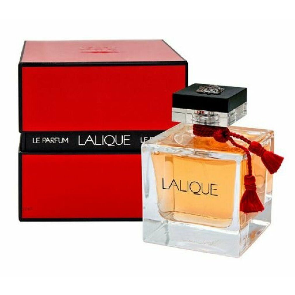 Flacone in vetro con liquido dorato e confezione rossa. Scritta: LALIQUE LE PARFUM. Scatola rossa.