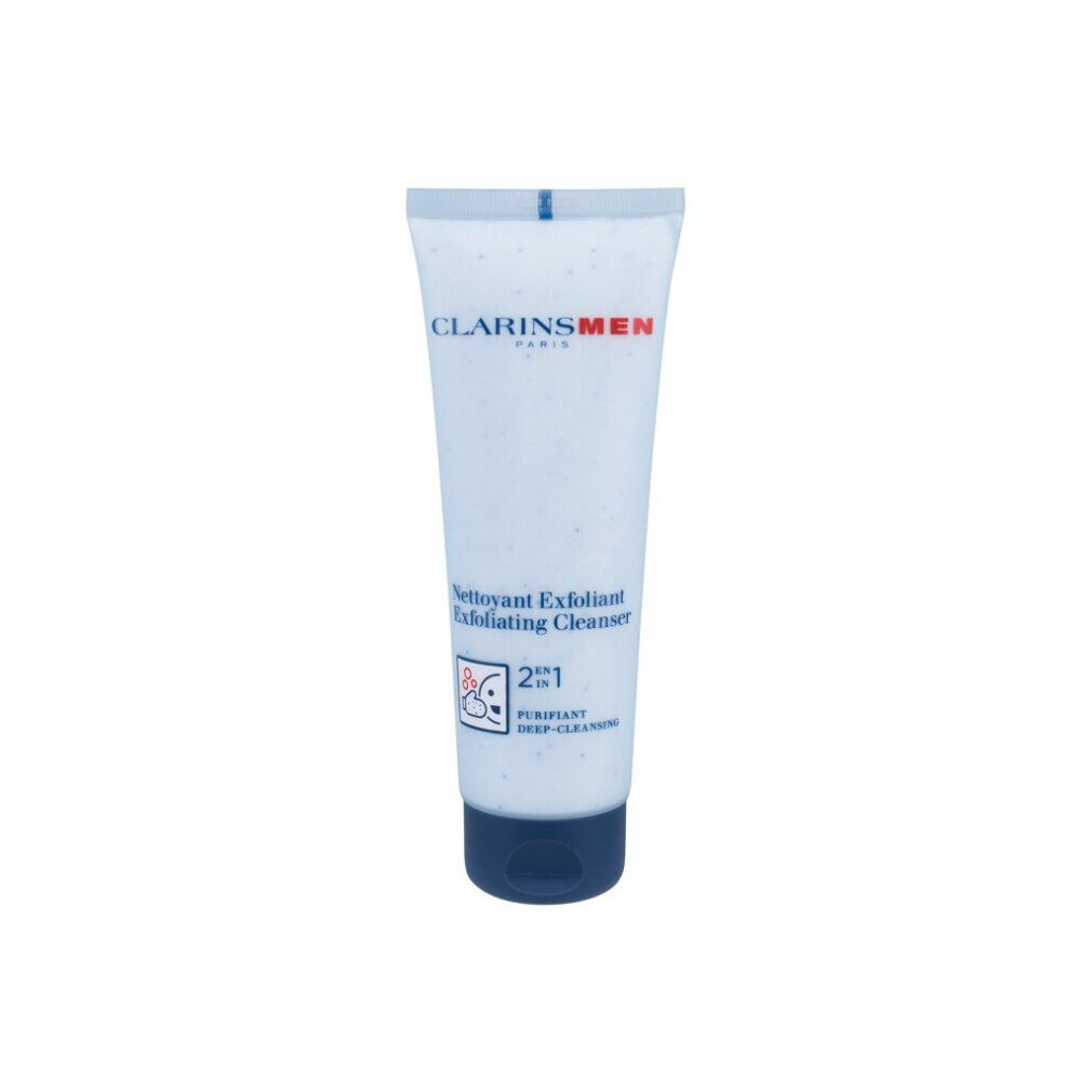 Tubo bianco con tappo blu. Scritta: CLARINS MEN, Nettoyant Exfoliant, 2 in 1. Prodotto per uomo.