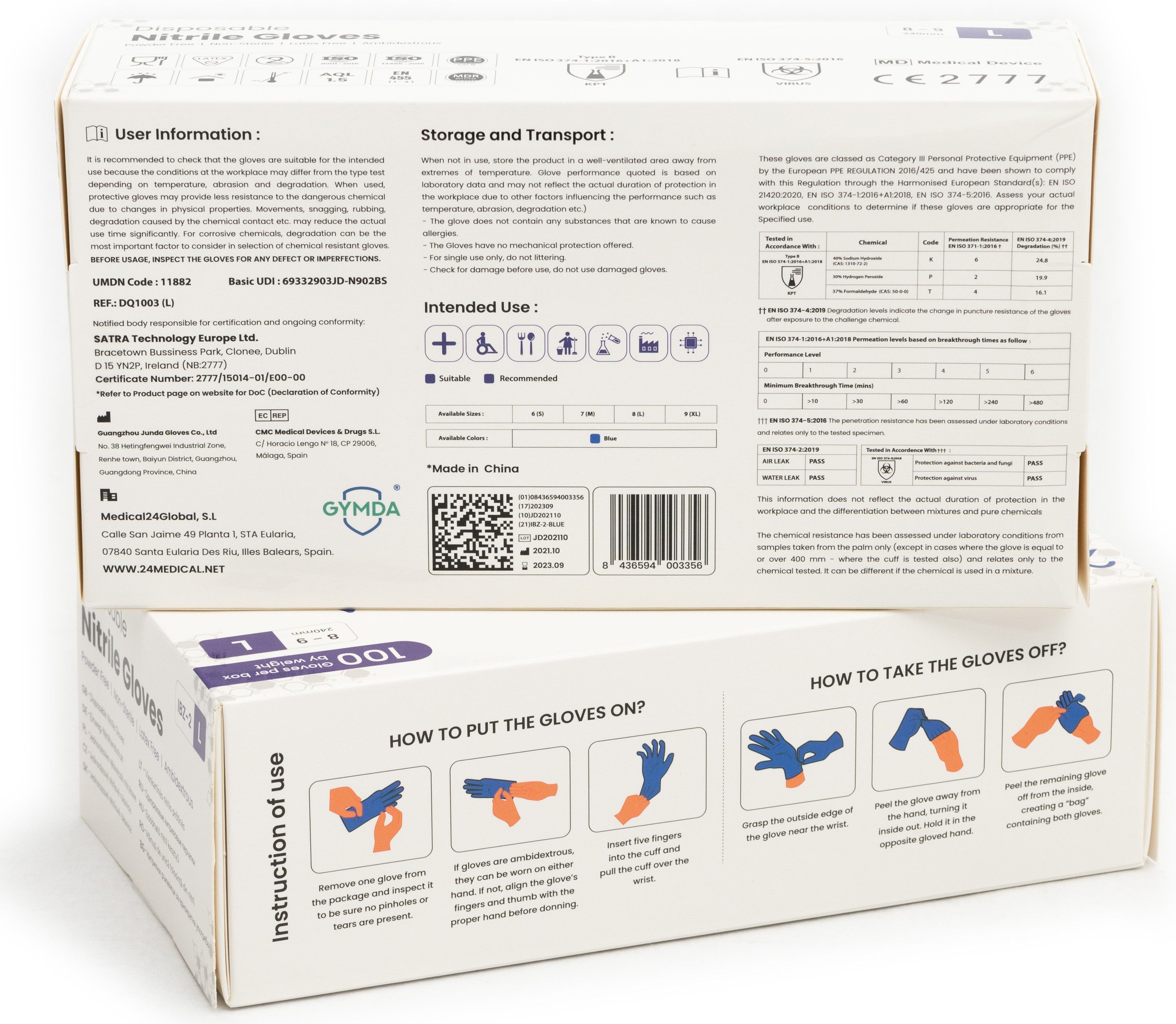 Retro di due scatole di guanti in nitrile 24MEDICAL IBZ-2. Informazioni su conservazione, istruzioni per l'uso e certificazioni.