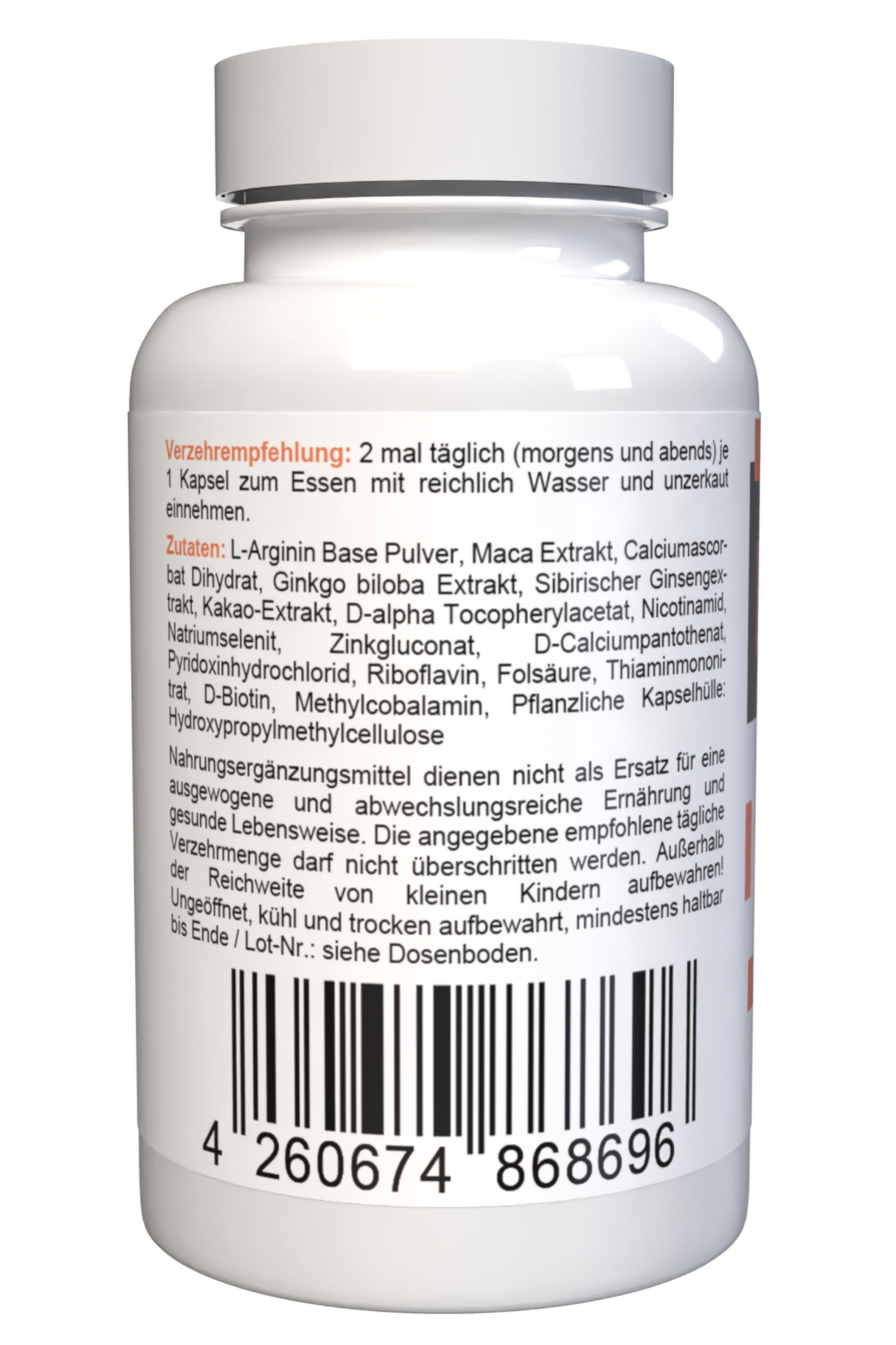 Retro del flacone bianco di capsule. Testo con ingredienti, raccomandazioni, avvertenze e codice a barre. Scadenza.