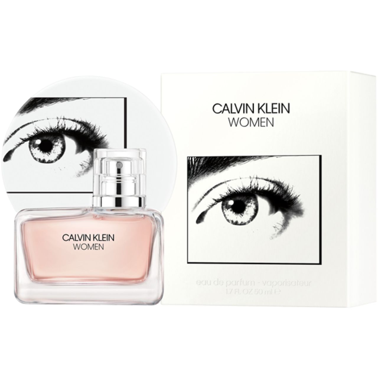 Flacone e scatola Calvin Klein Women. Liquido rosa. Vaporizzatore argento. Sfondo bianco.